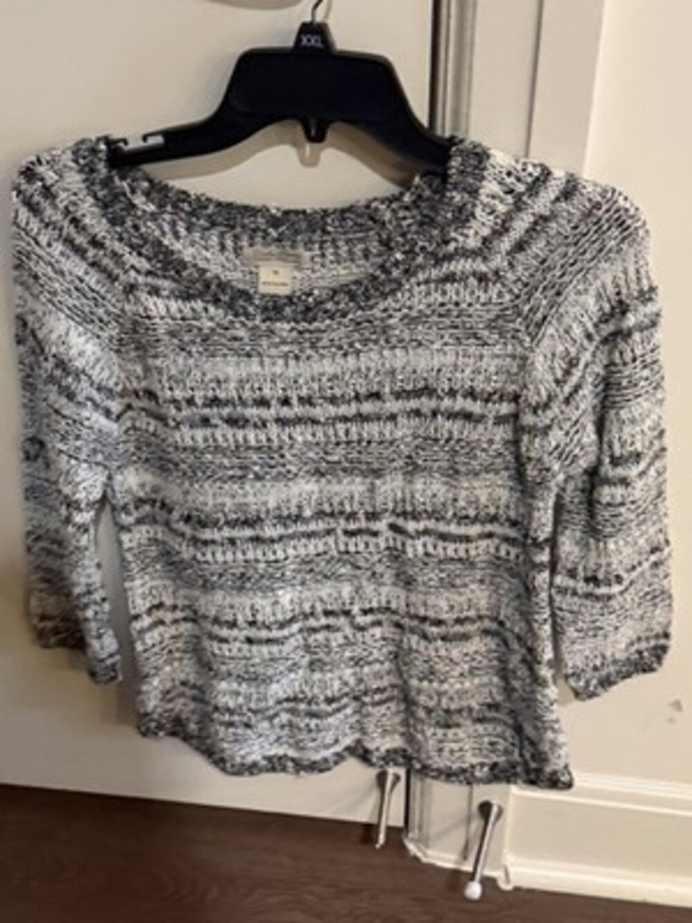 Lucky Brand Black White Striped Boat Neck 3/4 Sleeve Pullover Sweater M